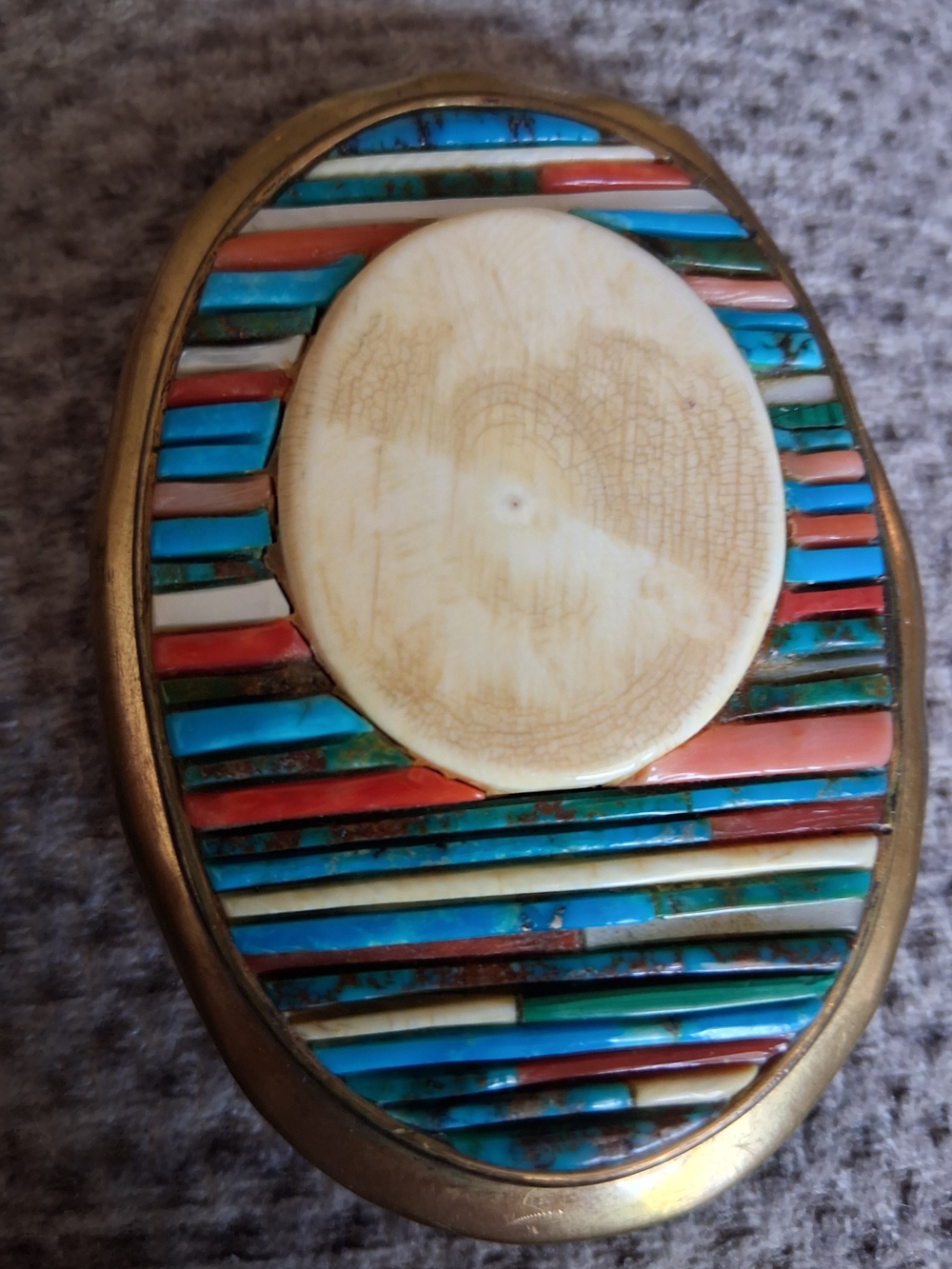 Vintage 1970s Southwestern Mosaic Inlay Brass Turquoise Belt Buckle"